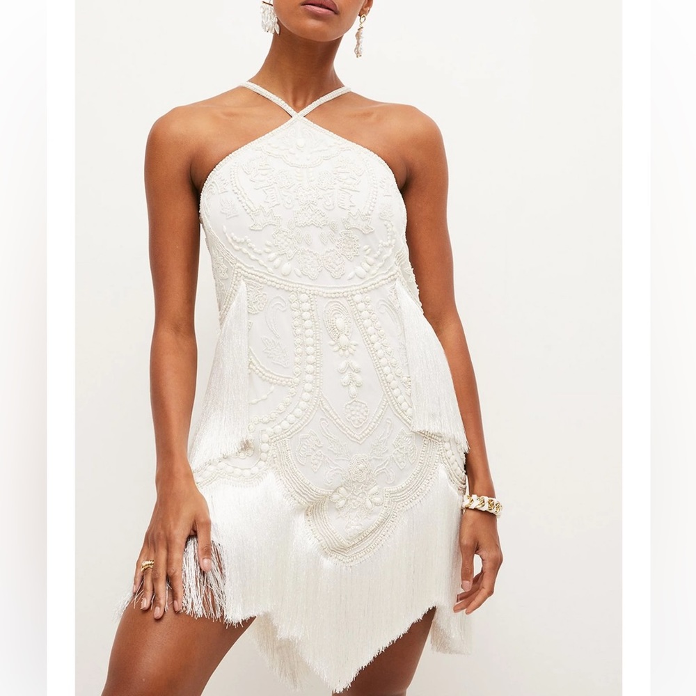 All White Fringed Beaded Halter Dress